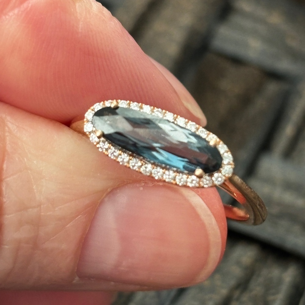 14k rose gold ring with London blue topaz and natural diamond halo. - Picture 6 of 11